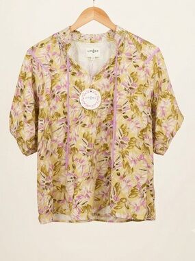 Umgee Olive and Pink Floral Tie-Front Blouse